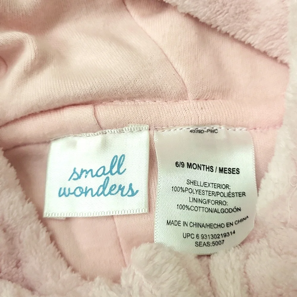 Small Wonders Hooded Fleece Pink One Piece Snowsuit‎ Teddy Bear Ears 6/9 Months